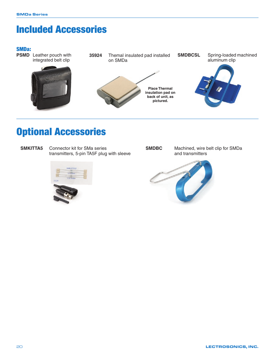 Included accessories, Optional accessories, Smda | Lectrosonics SMDa User Manual | Page 20 / 24