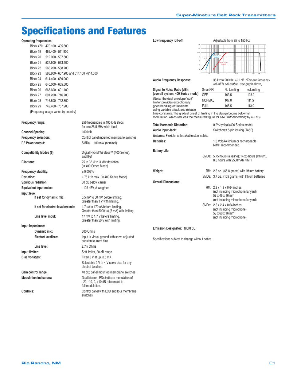 Specifications and features | Lectrosonics SMDa User Manual | Page 21 / 24