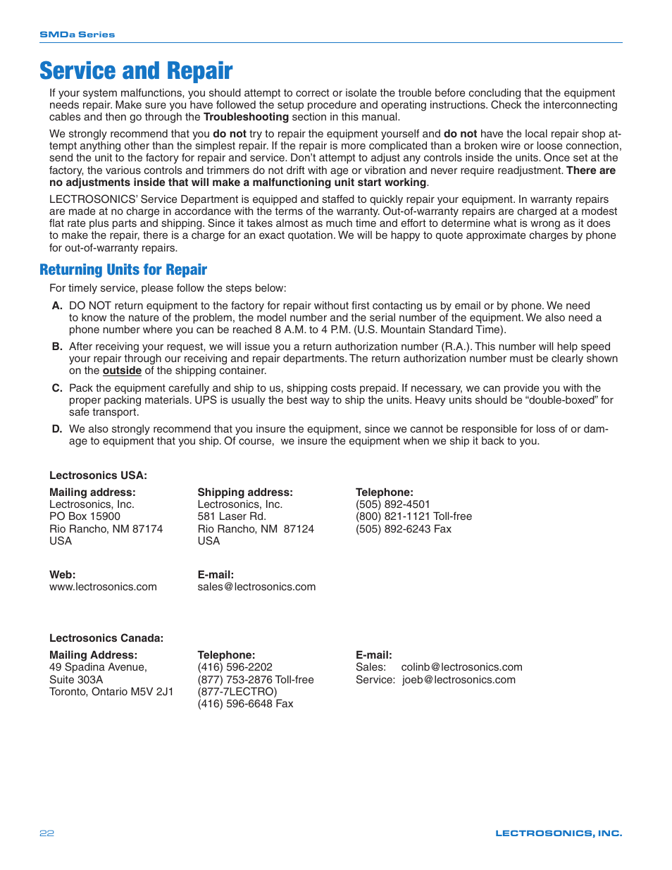Service and repair, Returning units for repair | Lectrosonics SMDa User Manual | Page 22 / 24