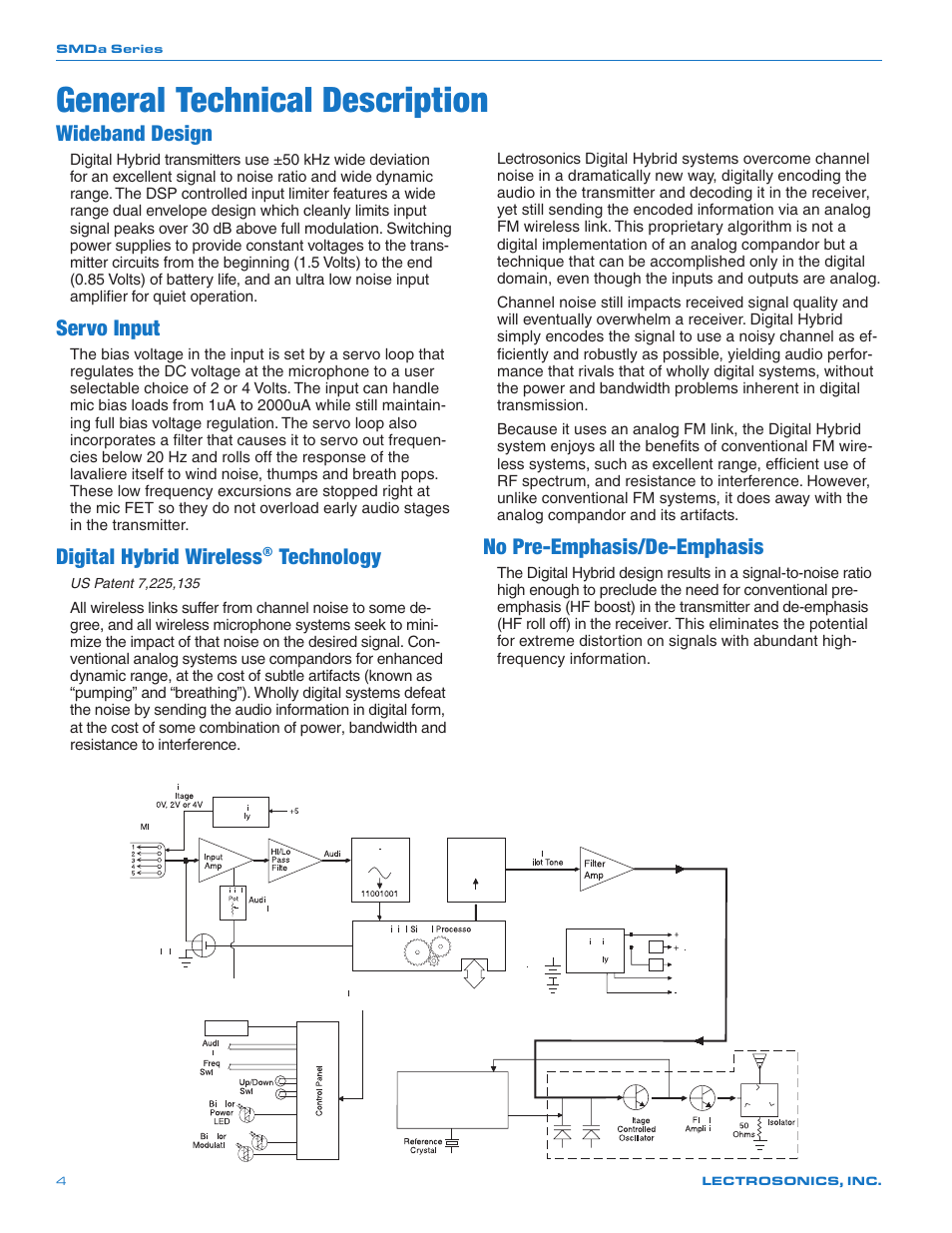 General technical description, Wideband design, Servo input | Digital hybrid wireless, Technology, No pre-emphasis/de-emphasis | Lectrosonics SMDa User Manual | Page 4 / 24
