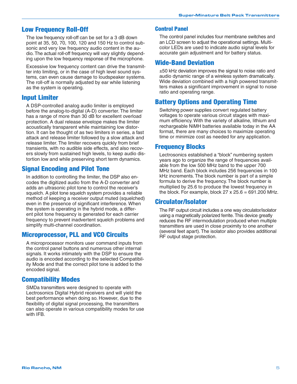 Low frequency roll-off, Input limiter, Signal encoding and pilot tone | Microprocessor, pll and vco circuits, Compatibility modes, Wide-band deviation, Battery options and operating time, Frequency blocks, Circulator/isolator, Control panel | Lectrosonics SMDa User Manual | Page 5 / 24