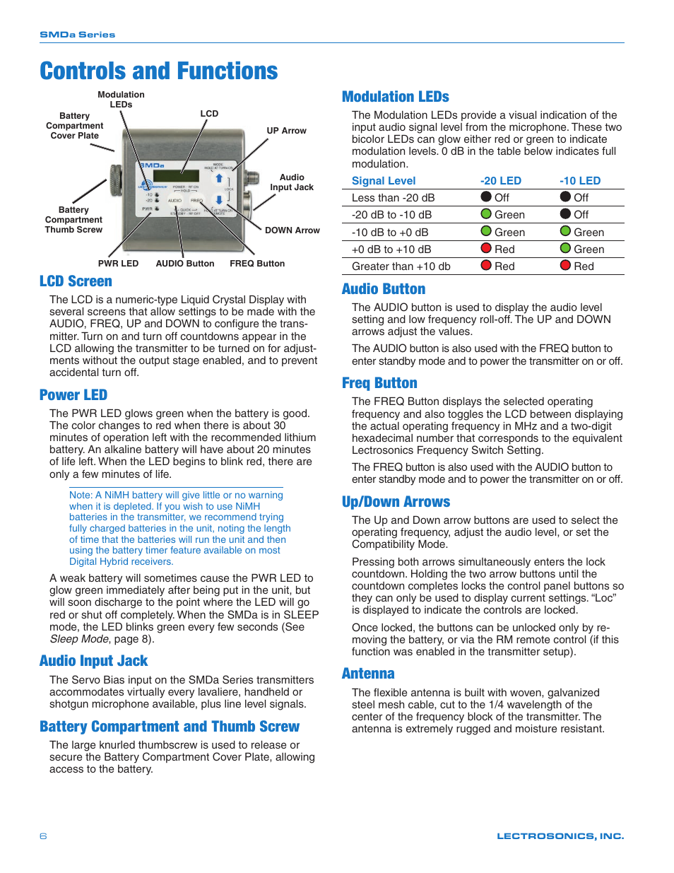Controls and functions, Lcd screen, Power led | Audio input jack, Battery compartment and thumb screw, Modulation leds, Audio button, Freq button, Up/down arrows, Antenna | Lectrosonics SMDa User Manual | Page 6 / 24