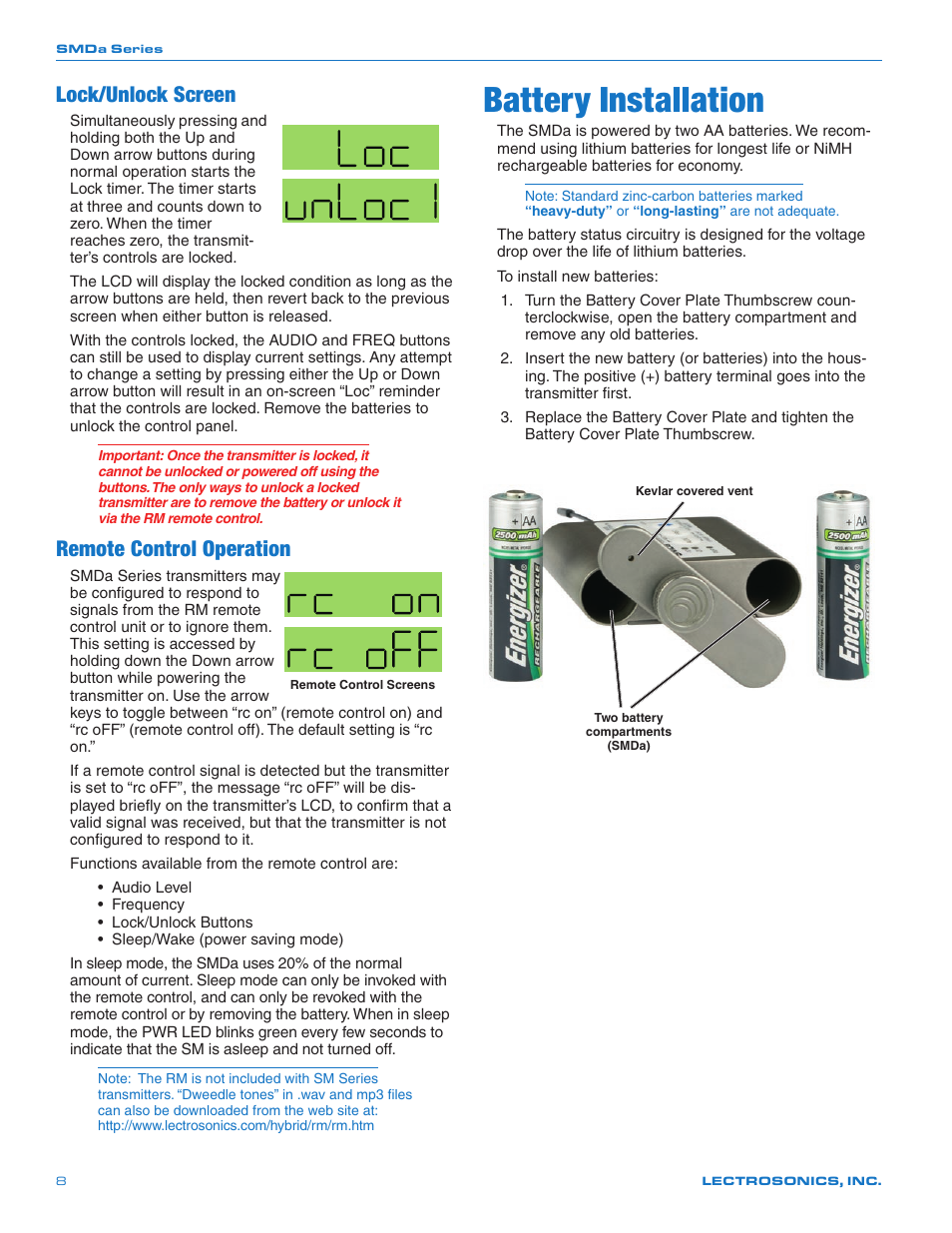 Battery installation, Lock/unlock screen, Remote control operation | Lectrosonics SMDa User Manual | Page 8 / 24