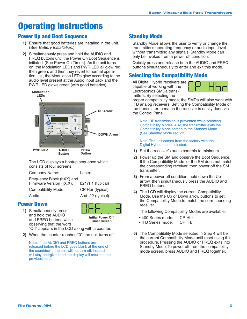 Operating instructions, Power up and boot sequence, Power down | Standby mode, Selecting the compatibility mode | Lectrosonics SMDa User Manual | Page 9 / 24