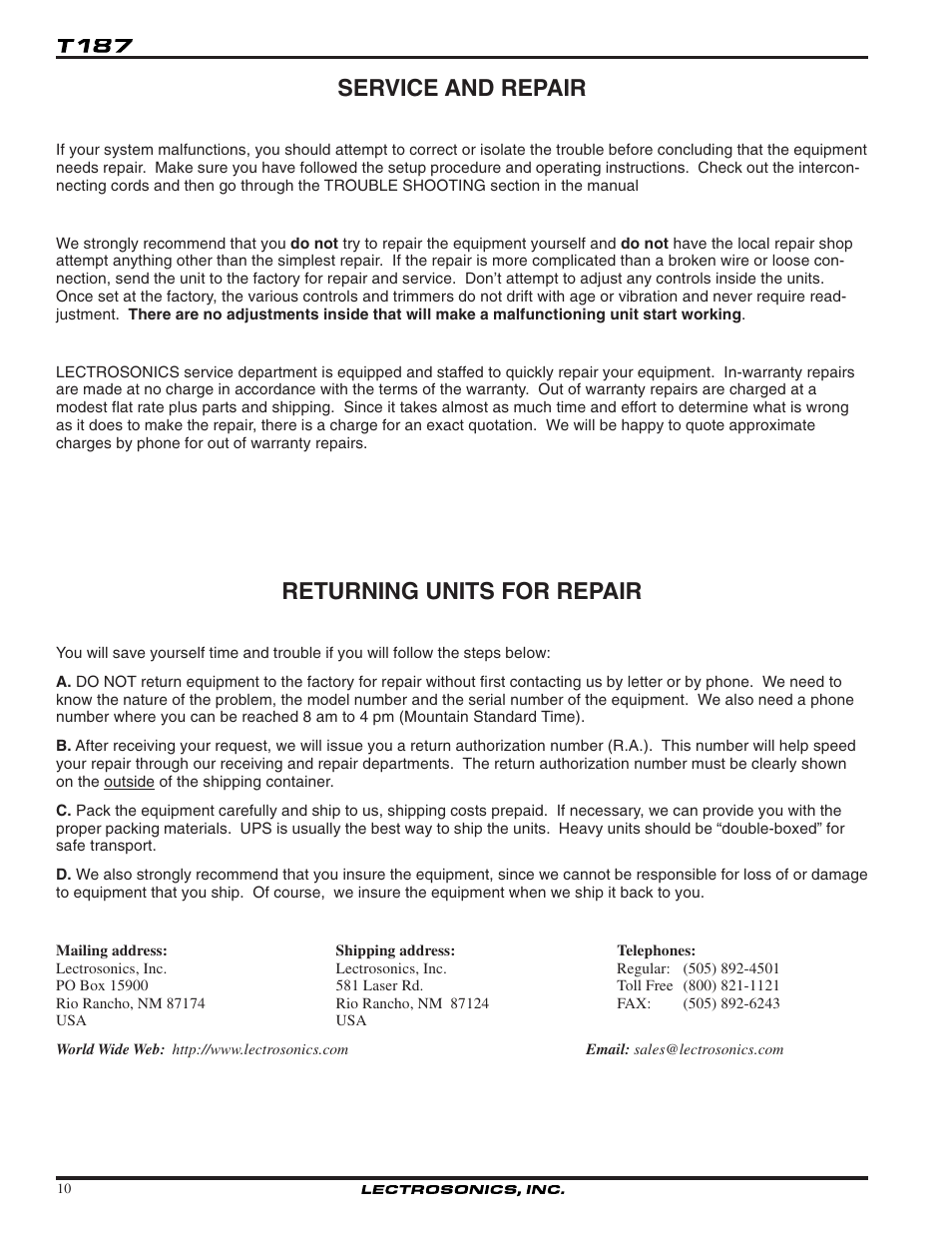 Service and repair, Returning units for repair | Lectrosonics T187 User Manual | Page 10 / 12