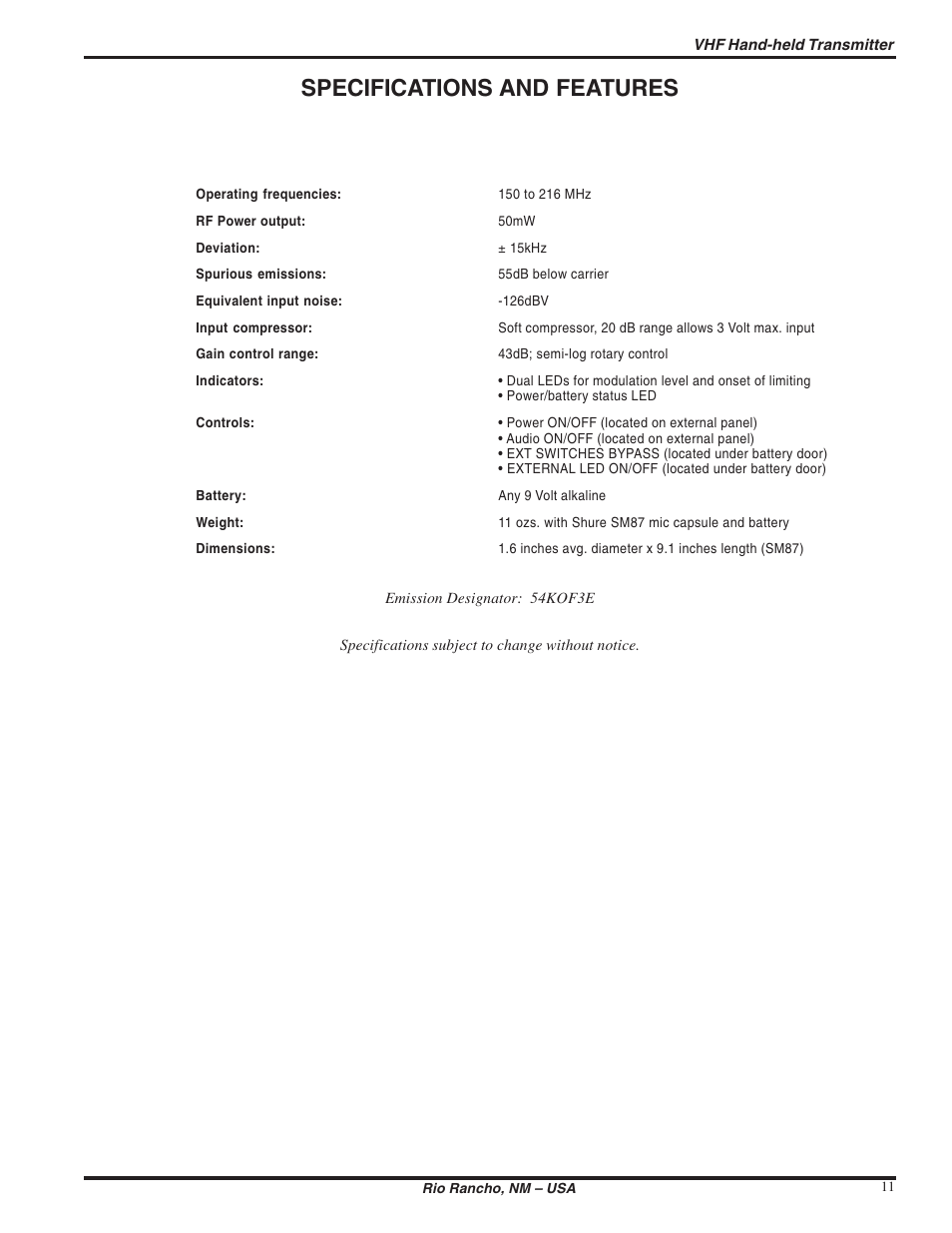 Specifications and features | Lectrosonics T187 User Manual | Page 11 / 12