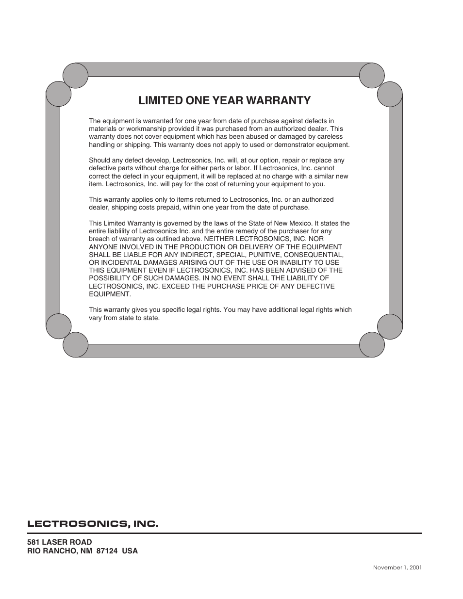 Limited one year warranty | Lectrosonics T187 User Manual | Page 12 / 12