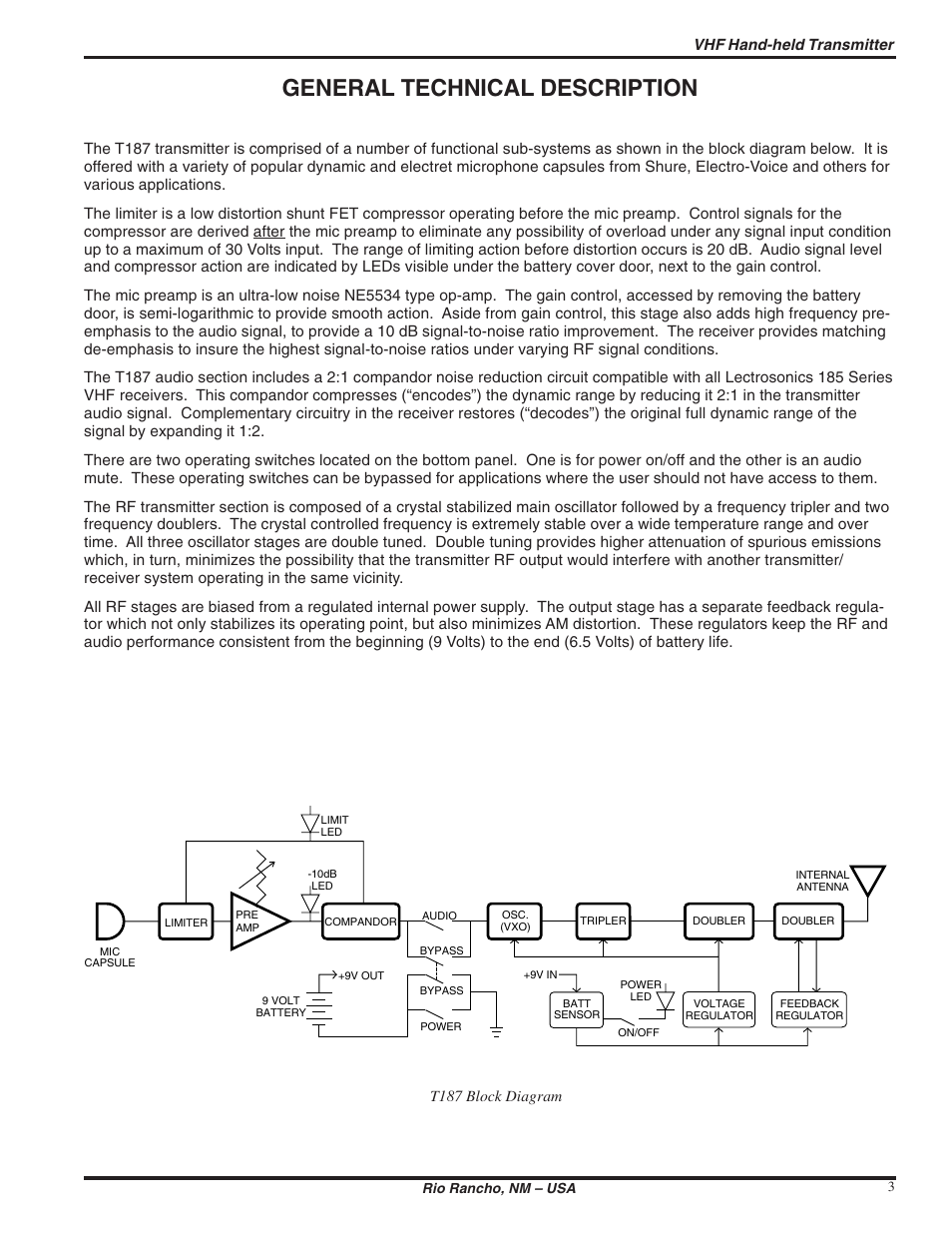 General technical description, Vhf hand-held transmitter, T187 block diagram | Lectrosonics T187 User Manual | Page 3 / 12