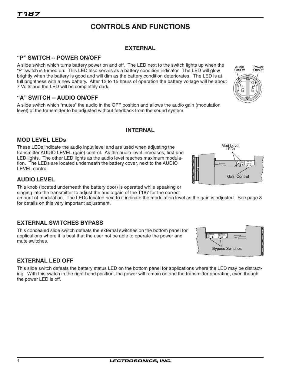 Controls and functions, External “p” switch -- power on/off, A” switch -- audio on/off | Internal mod level leds, Audio level, External switches bypass, External led off | Lectrosonics T187 User Manual | Page 4 / 12