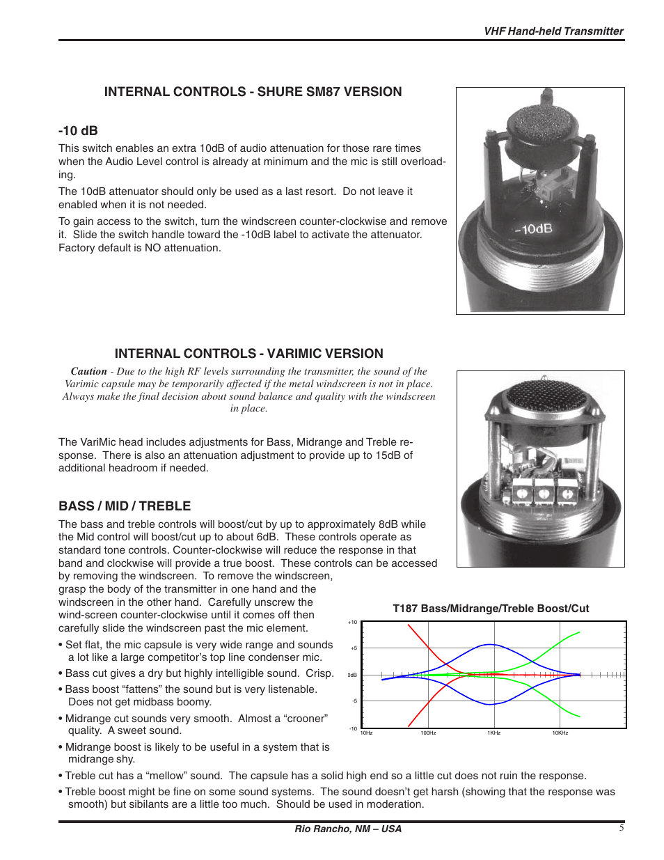 Internal controls - shure sm87 version -10 db, Internal controls - varimic version, Bass / mid / treble | Lectrosonics T187 User Manual | Page 5 / 12