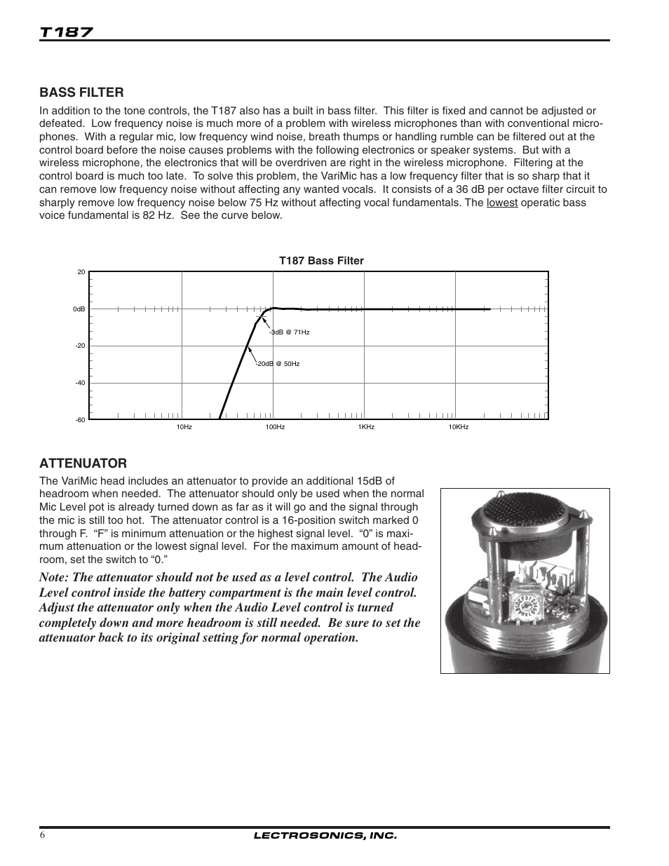 Bass filter, Attenuator | Lectrosonics T187 User Manual | Page 6 / 12