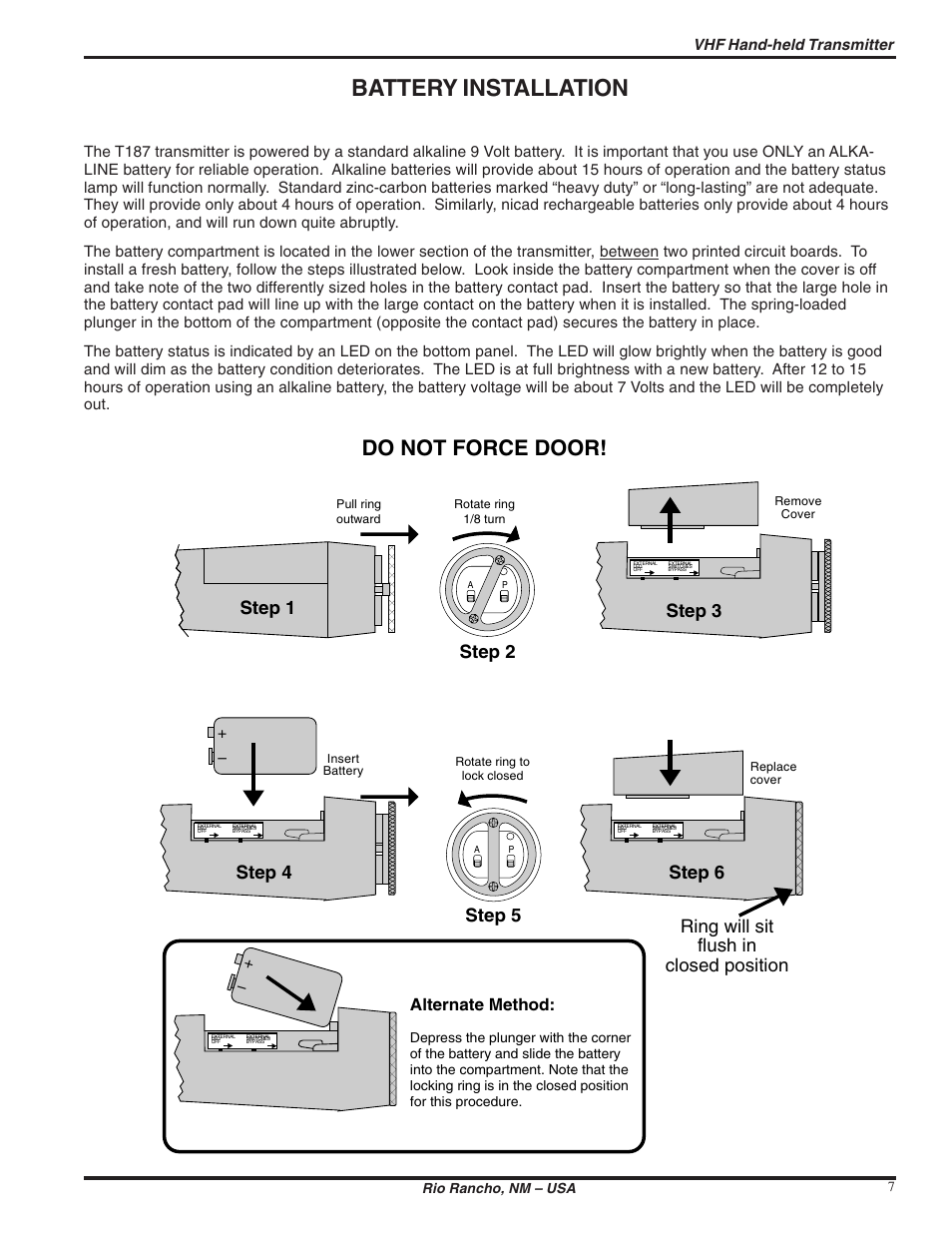 Battery installation, Do not force door, Step 1 step 3 step 2 | Step 4 step 5, Ring will sit flush in closed position step 6, Alternate method, Vhf hand-held transmitter | Lectrosonics T187 User Manual | Page 7 / 12