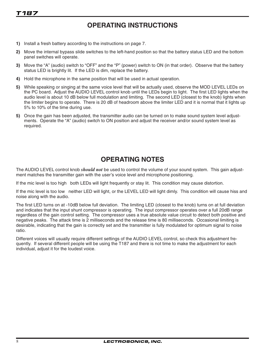 Operating instructions | Lectrosonics T187 User Manual | Page 8 / 12