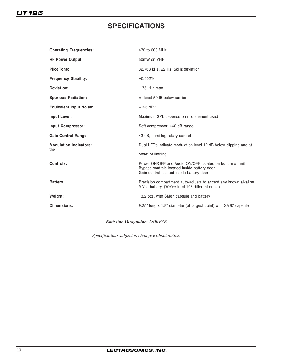 Specifications | Lectrosonics T195 User Manual | Page 10 / 12