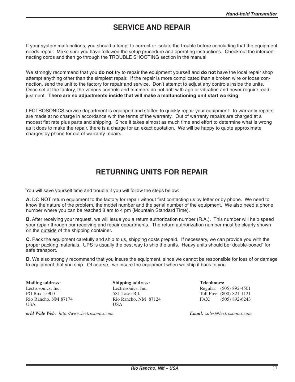 Service and repair, Returning units for repair | Lectrosonics T195 User Manual | Page 11 / 12