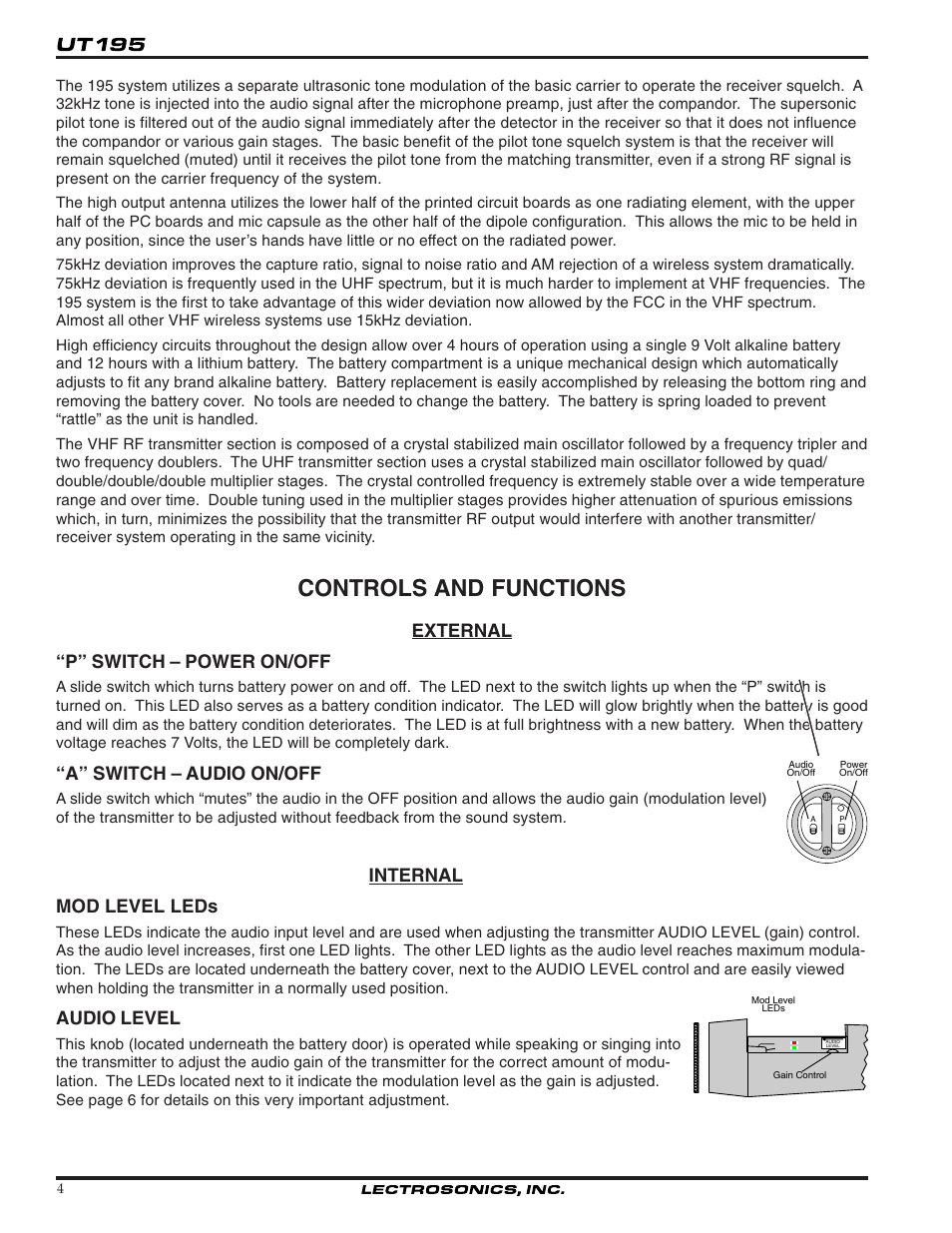 Controls and functions, External “p” switch – power on/off, A” switch – audio on/off | Internal mod level leds, Audio level | Lectrosonics T195 User Manual | Page 4 / 12