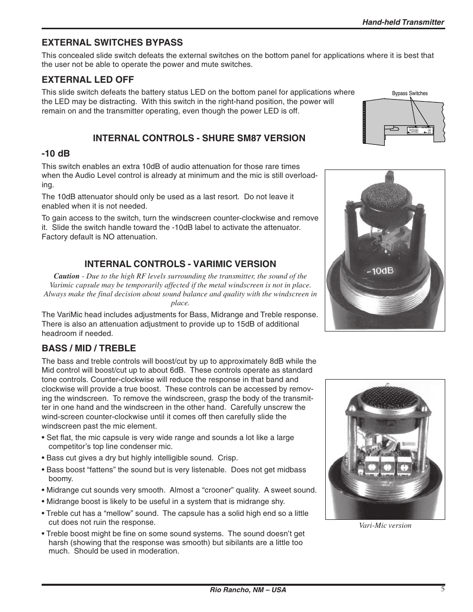 External switches bypass, External led off, Internal controls - shure sm87 version | 10 db, Internal controls - varimic version, Bass / mid / treble | Lectrosonics T195 User Manual | Page 5 / 12