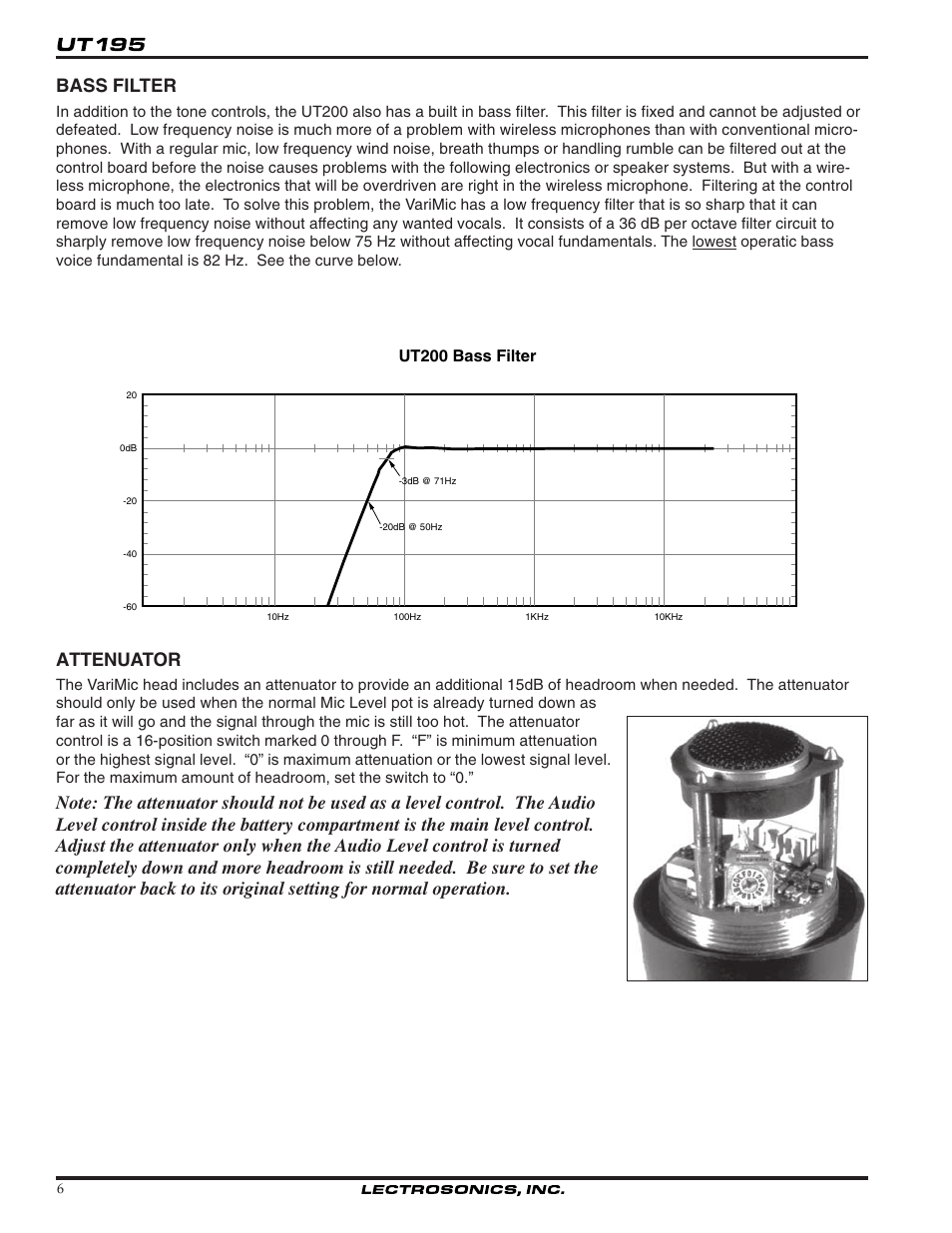 Bass filter, Attenuator, Ut200 bass filter | Lectrosonics T195 User Manual | Page 6 / 12