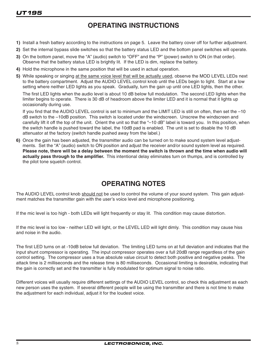 Operating instructions | Lectrosonics T195 User Manual | Page 8 / 12