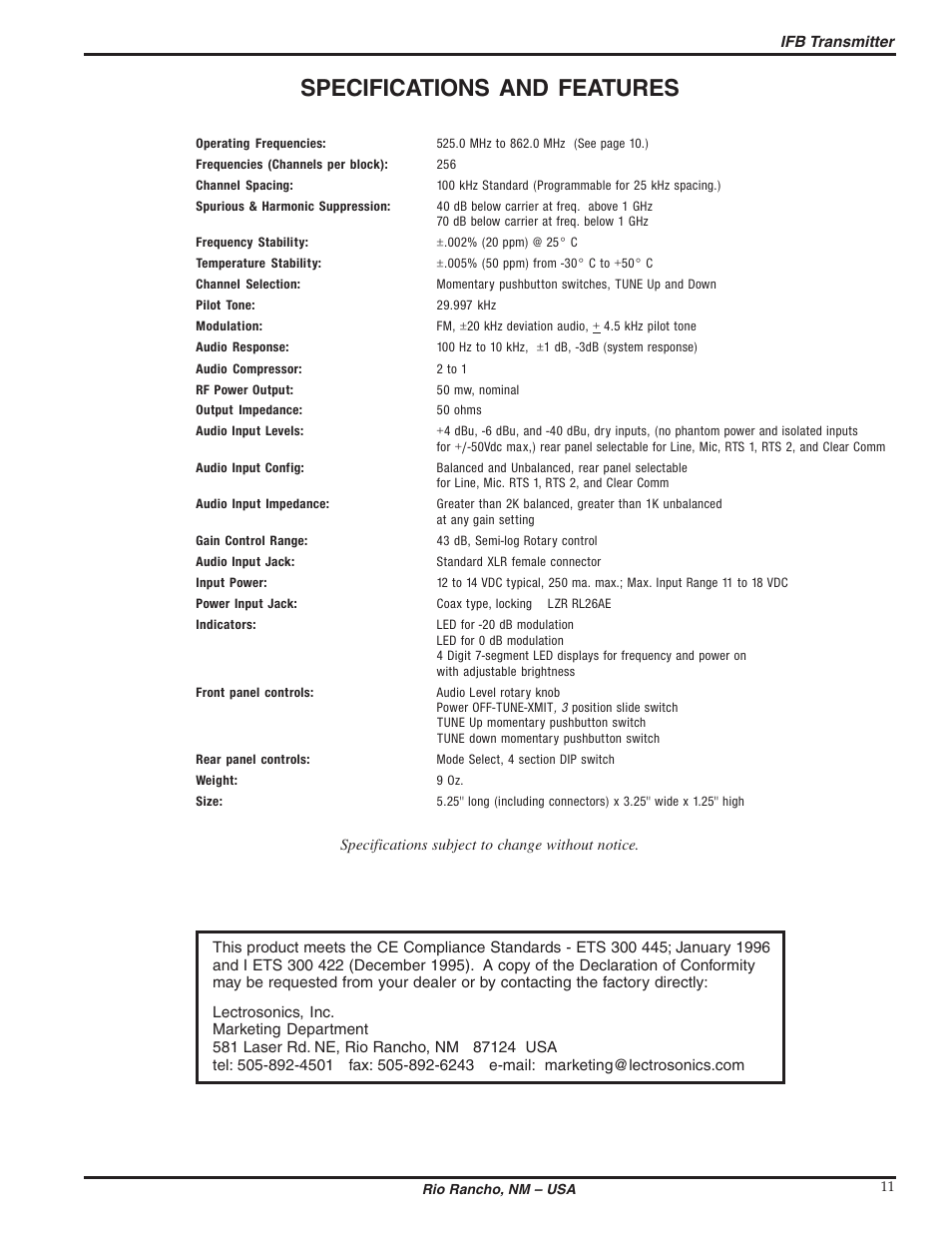 Specifications and features | Lectrosonics IFBT5 User Manual | Page 11 / 12