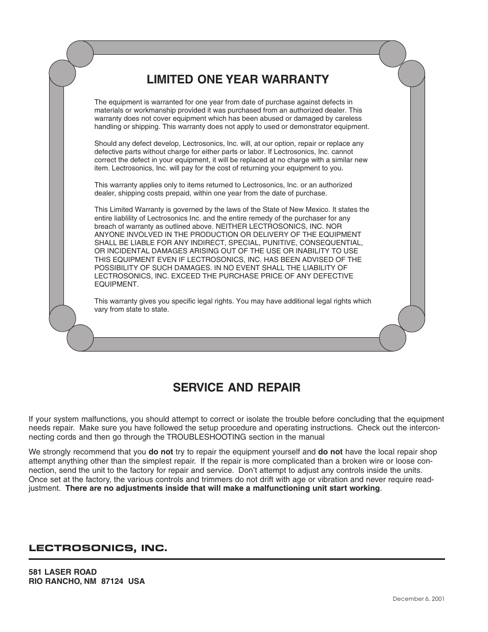 Limited one year warranty service and repair | Lectrosonics IFBT5 User Manual | Page 12 / 12