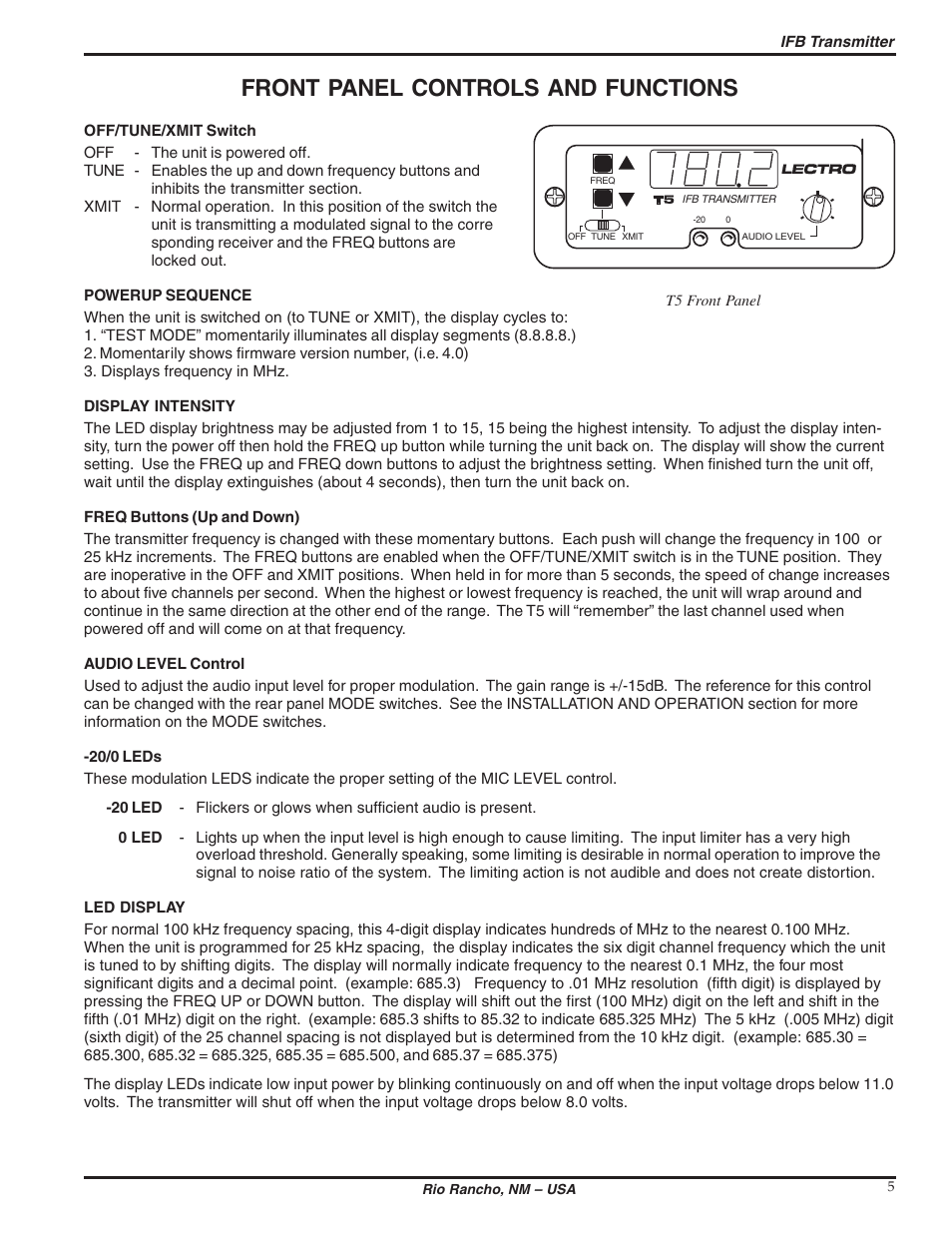 Front panel controls and functions | Lectrosonics IFBT5 User Manual | Page 5 / 12