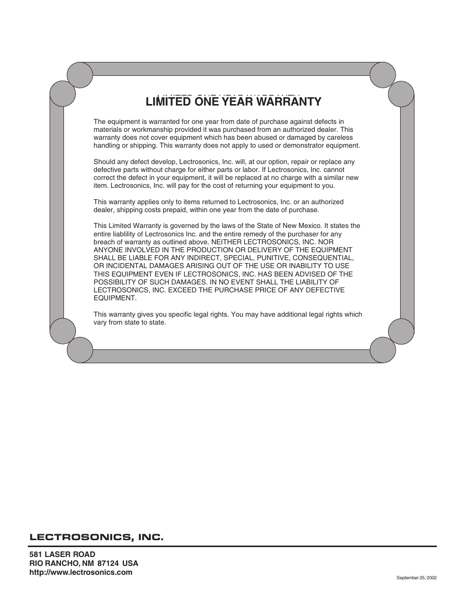 Limited one year warranty | Lectrosonics UH100 User Manual | Page 10 / 10