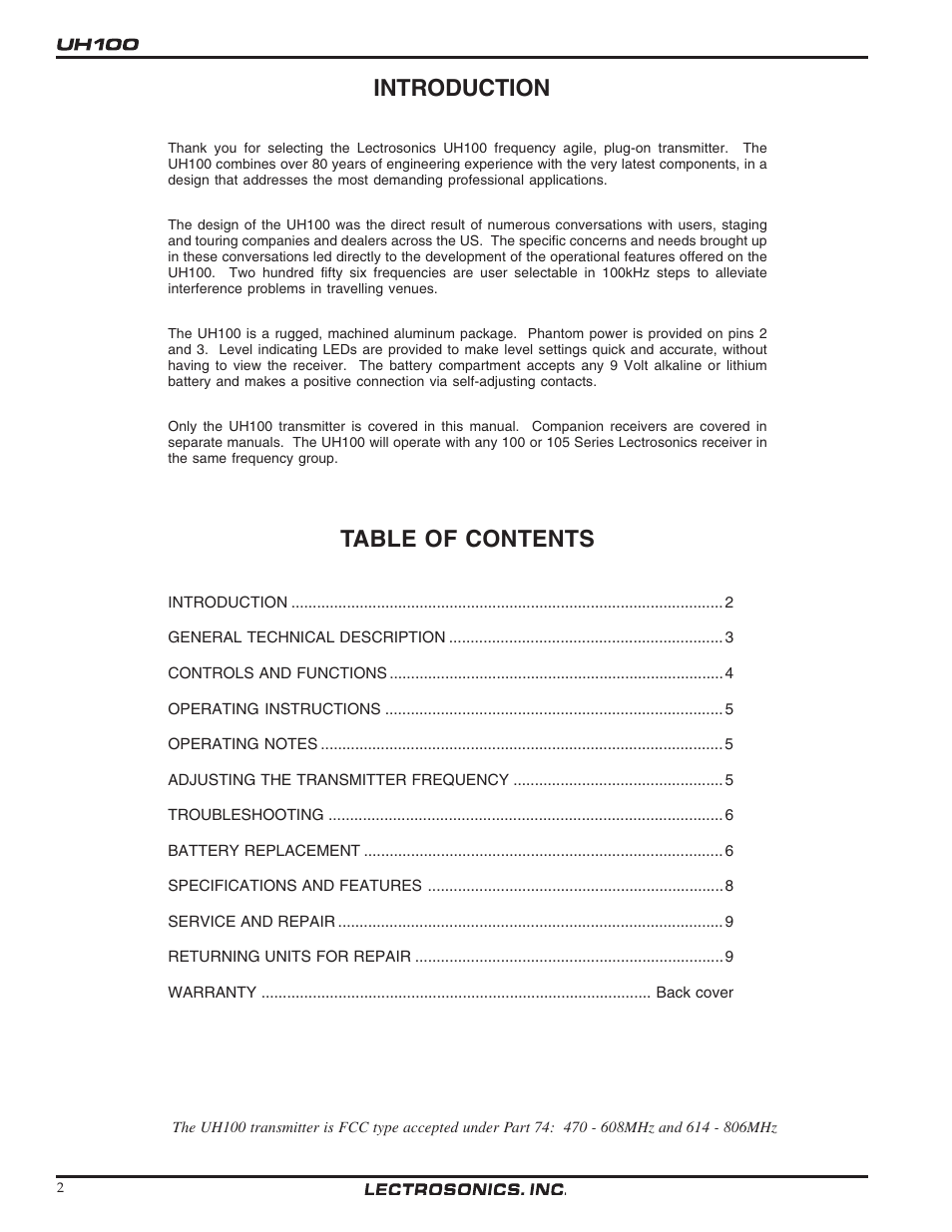 Lectrosonics UH100 User Manual | Page 2 / 10