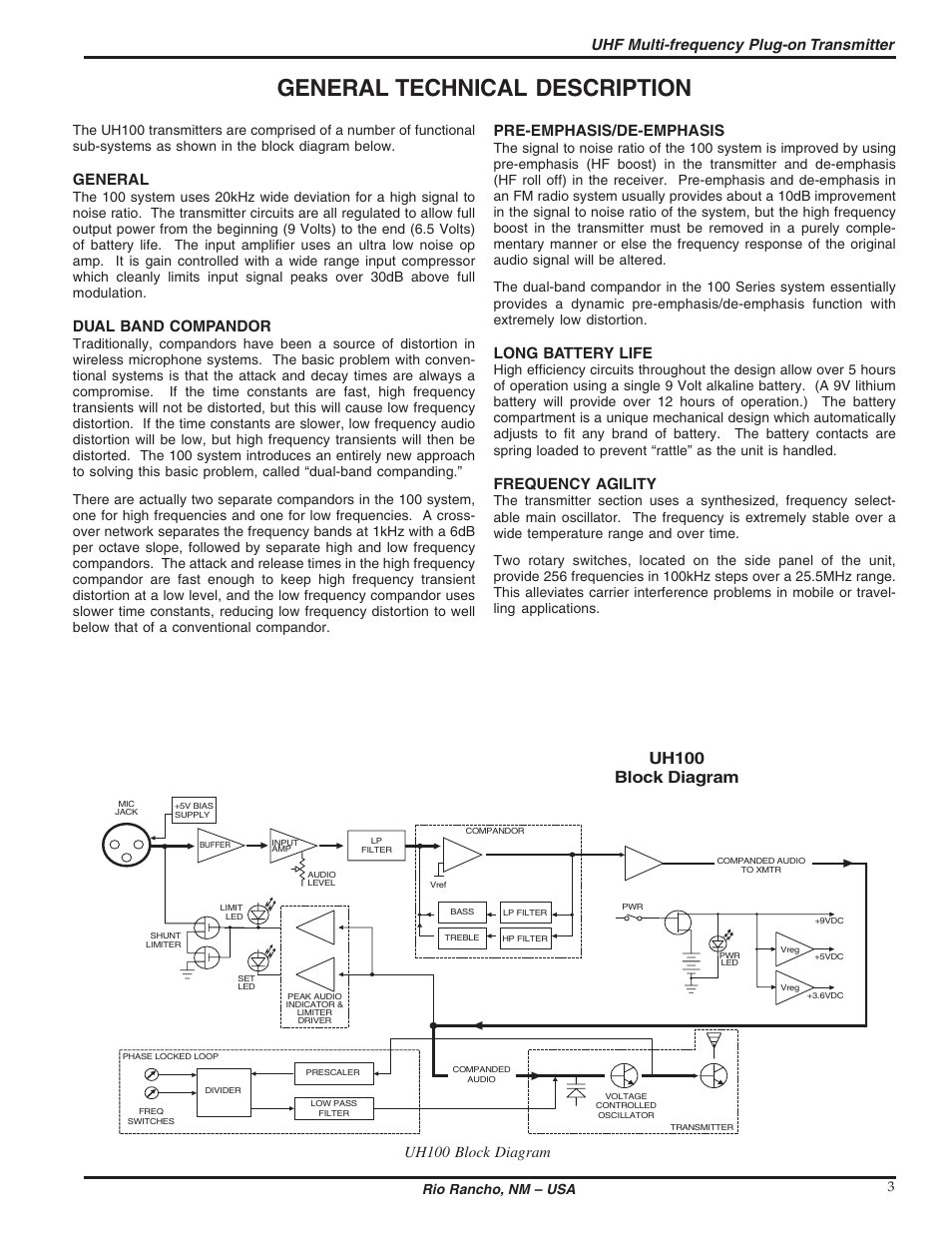 General technical description, Uh100 block diagram, Uhf multi-frequency plug-on transmitter | General, Dual band compandor, Pre-emphasis/de-emphasis, Long battery life, Frequency agility, Rio rancho, nm – usa 3 | Lectrosonics UH100 User Manual | Page 3 / 10