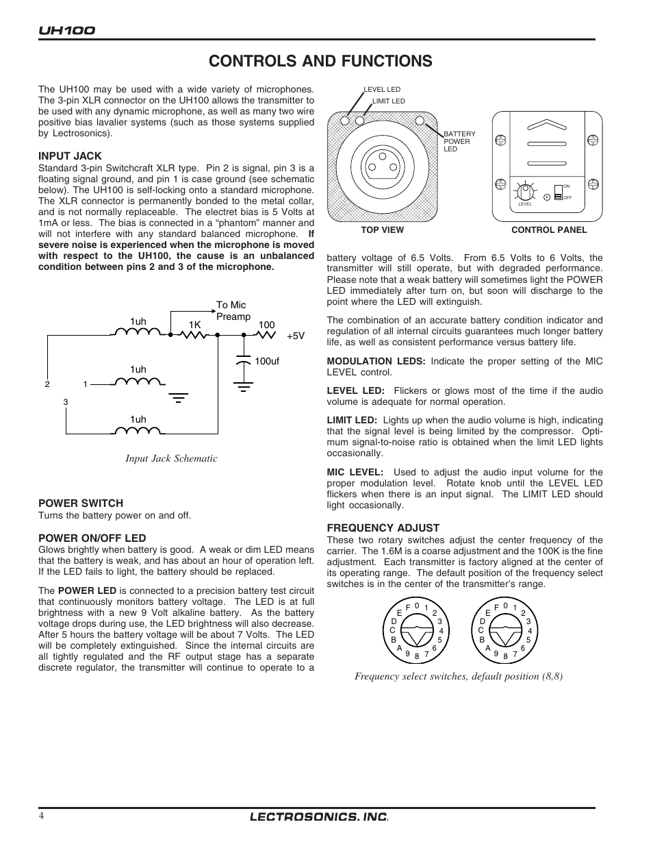Controls and functions | Lectrosonics UH100 User Manual | Page 4 / 10