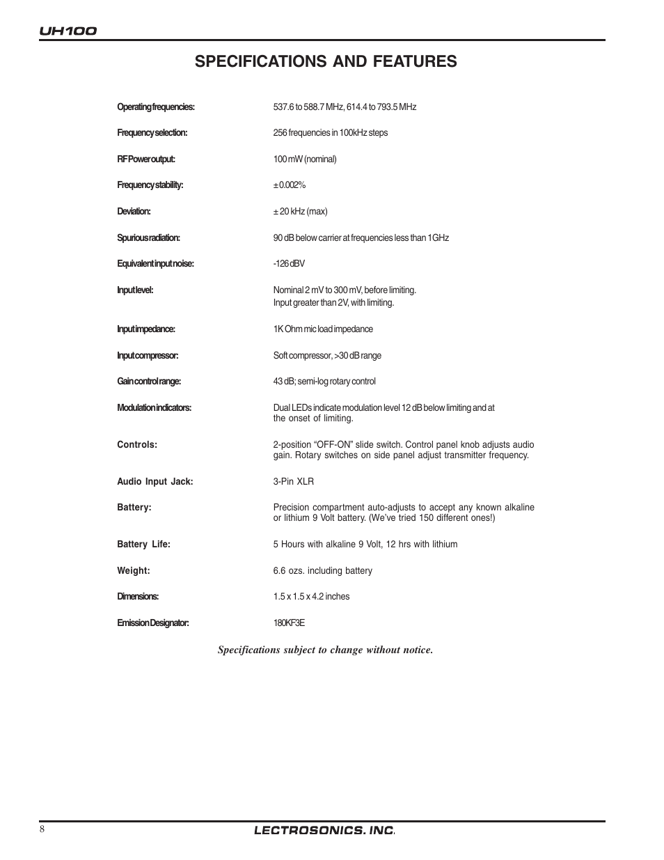 Specifications and features | Lectrosonics UH100 User Manual | Page 8 / 10