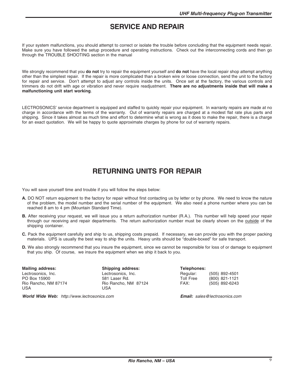 Service and repair, Returning units for repair | Lectrosonics UH100 User Manual | Page 9 / 10