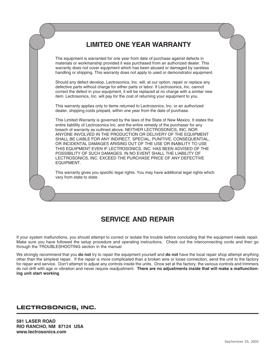 Limited one year warranty service and repair | Lectrosonics UH110 User Manual | Page 10 / 10