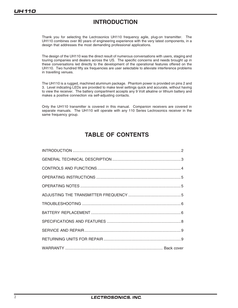 Lectrosonics UH110 User Manual | Page 2 / 10