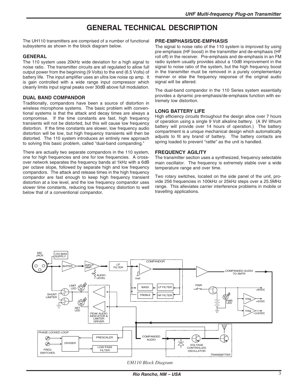 General technical description, Uhf multi-frequency plug-on transmitter, General | Dual band compandor, Pre-emphasis/de-emphasis, Long battery life, Frequency agility, Uh110 block diagram, Rio rancho, nm – usa 3 | Lectrosonics UH110 User Manual | Page 3 / 10