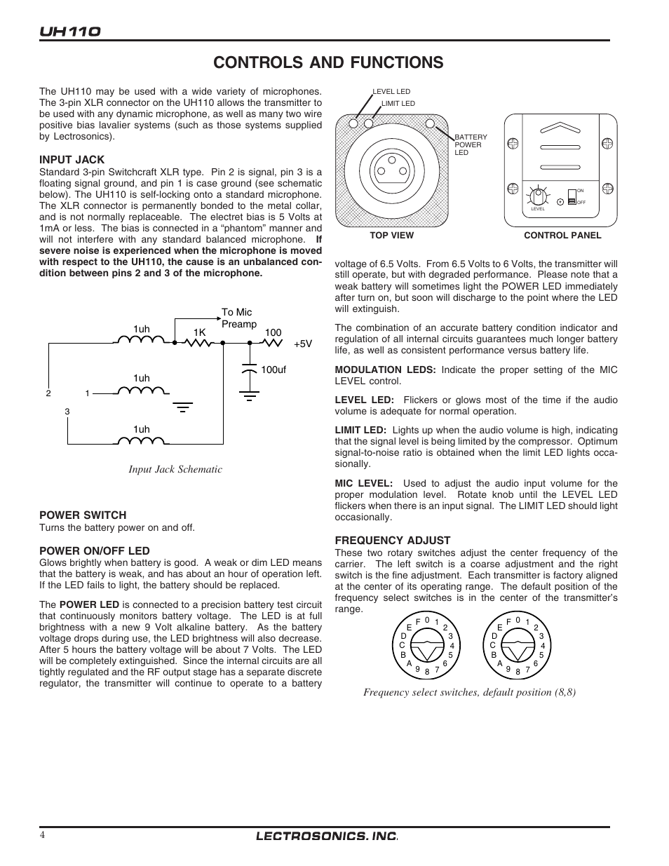 Controls and functions | Lectrosonics UH110 User Manual | Page 4 / 10