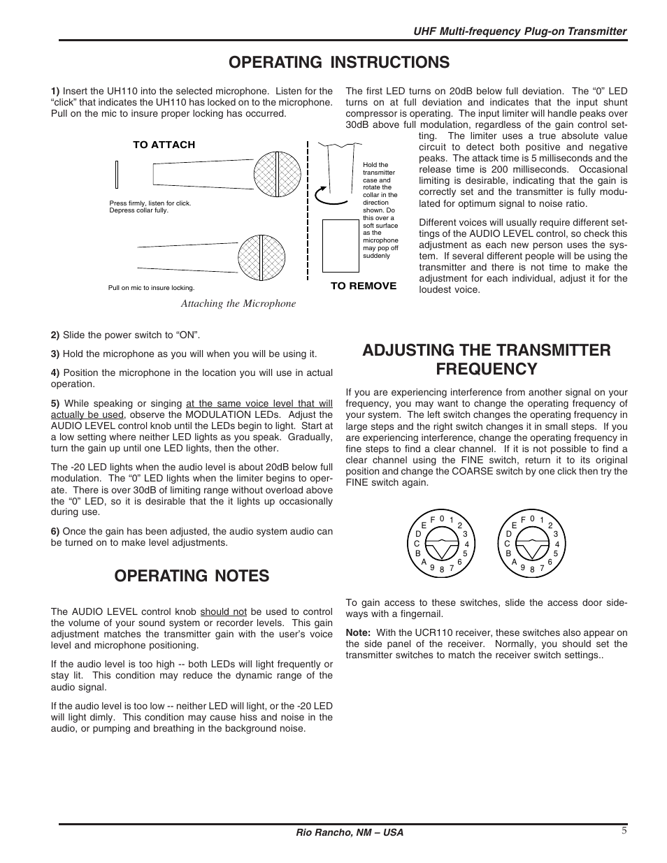 Operating instructions, Adjusting the transmitter frequency | Lectrosonics UH110 User Manual | Page 5 / 10