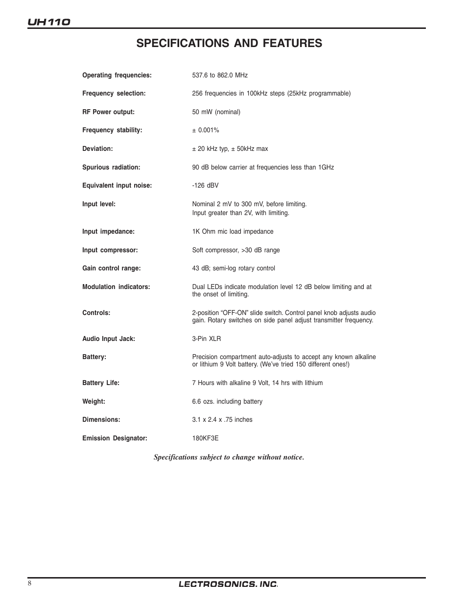 Specifications and features | Lectrosonics UH110 User Manual | Page 8 / 10