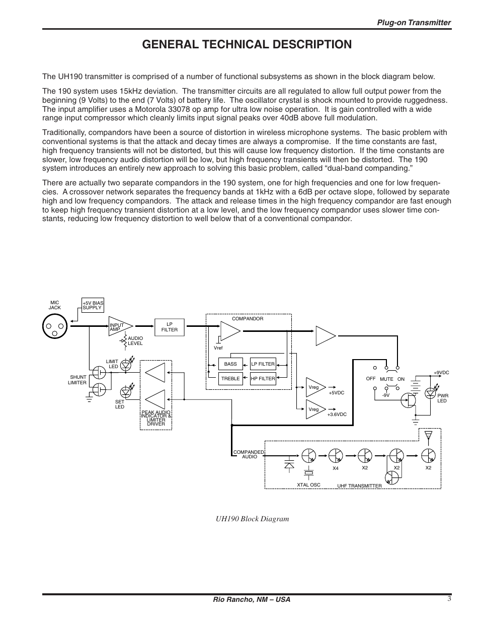 General technical description, Plug-on transmitter, Uh190 block diagram | Rio rancho, nm – usa 3 | Lectrosonics UH190 User Manual | Page 3 / 10