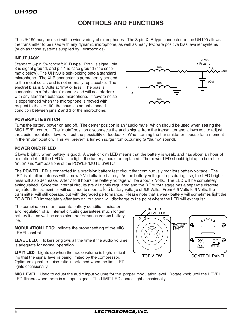 Controls and functions | Lectrosonics UH190 User Manual | Page 4 / 10