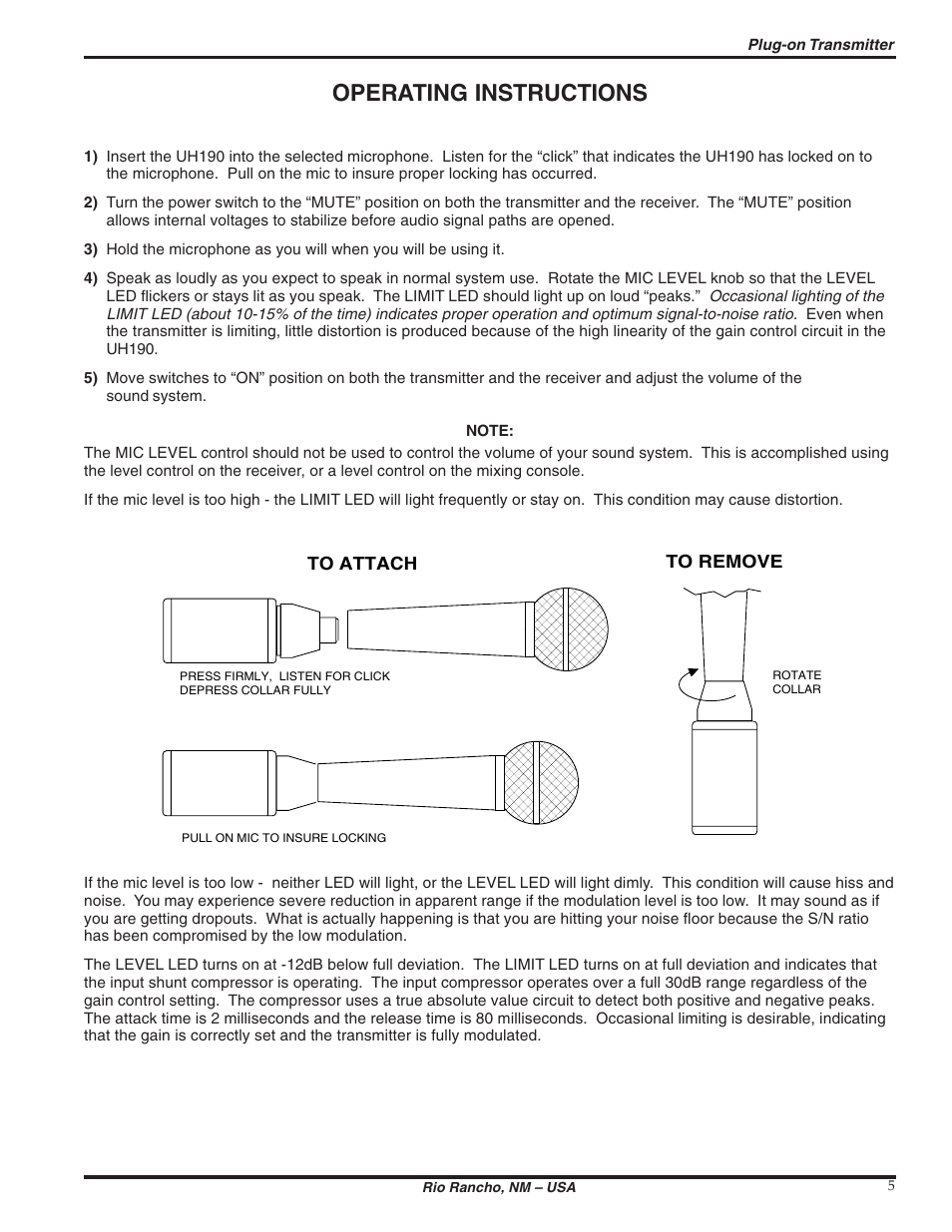 Operating instructions | Lectrosonics UH190 User Manual | Page 5 / 10