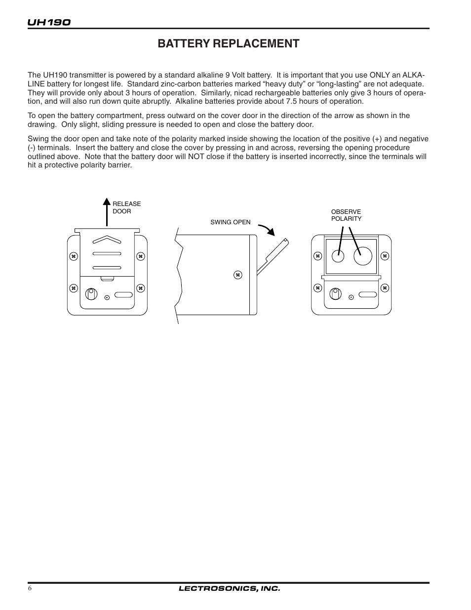 Battery replacement | Lectrosonics UH190 User Manual | Page 6 / 10