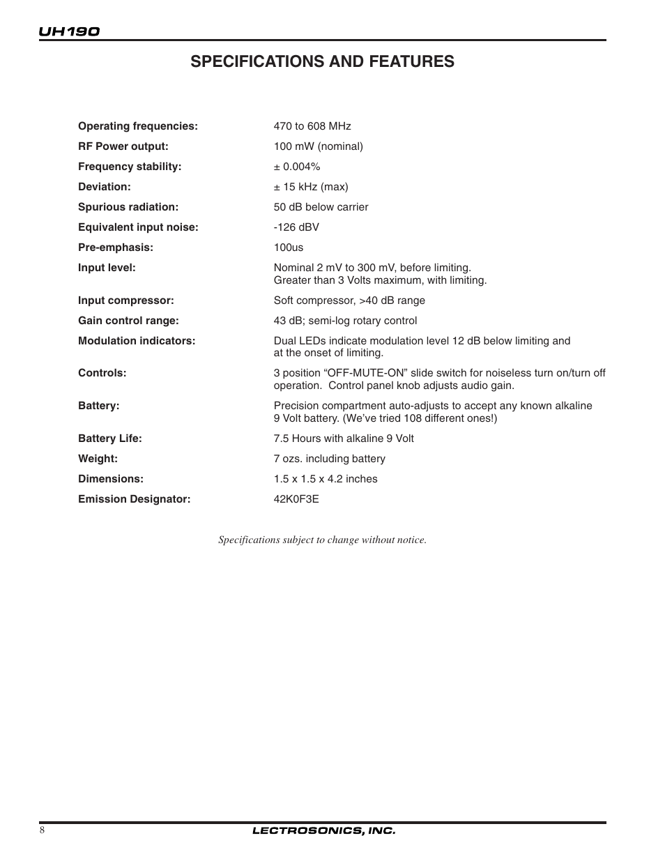 Specifications and features | Lectrosonics UH190 User Manual | Page 8 / 10