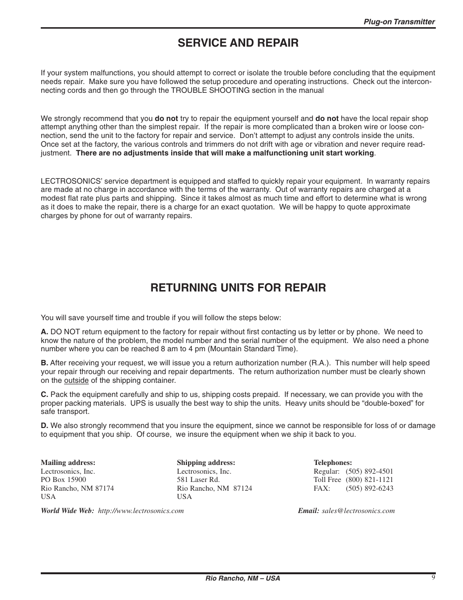 Service and repair, Returning units for repair | Lectrosonics UH190 User Manual | Page 9 / 10