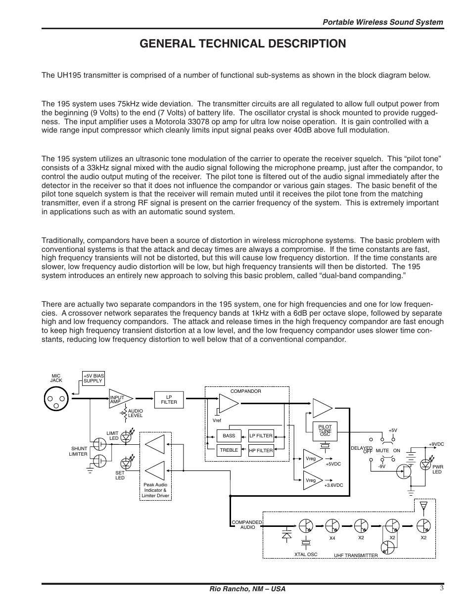 General technical description, Portable wireless sound system, Rio rancho, nm – usa 3 | Lectrosonics UH195 User Manual | Page 3 / 10