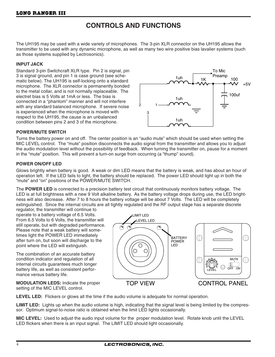 Controls and functions, Top view control panel | Lectrosonics UH195 User Manual | Page 4 / 10