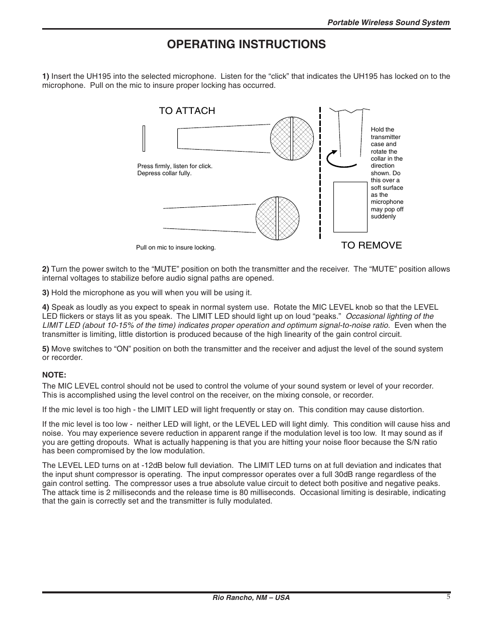 Operating instructions | Lectrosonics UH195 User Manual | Page 5 / 10
