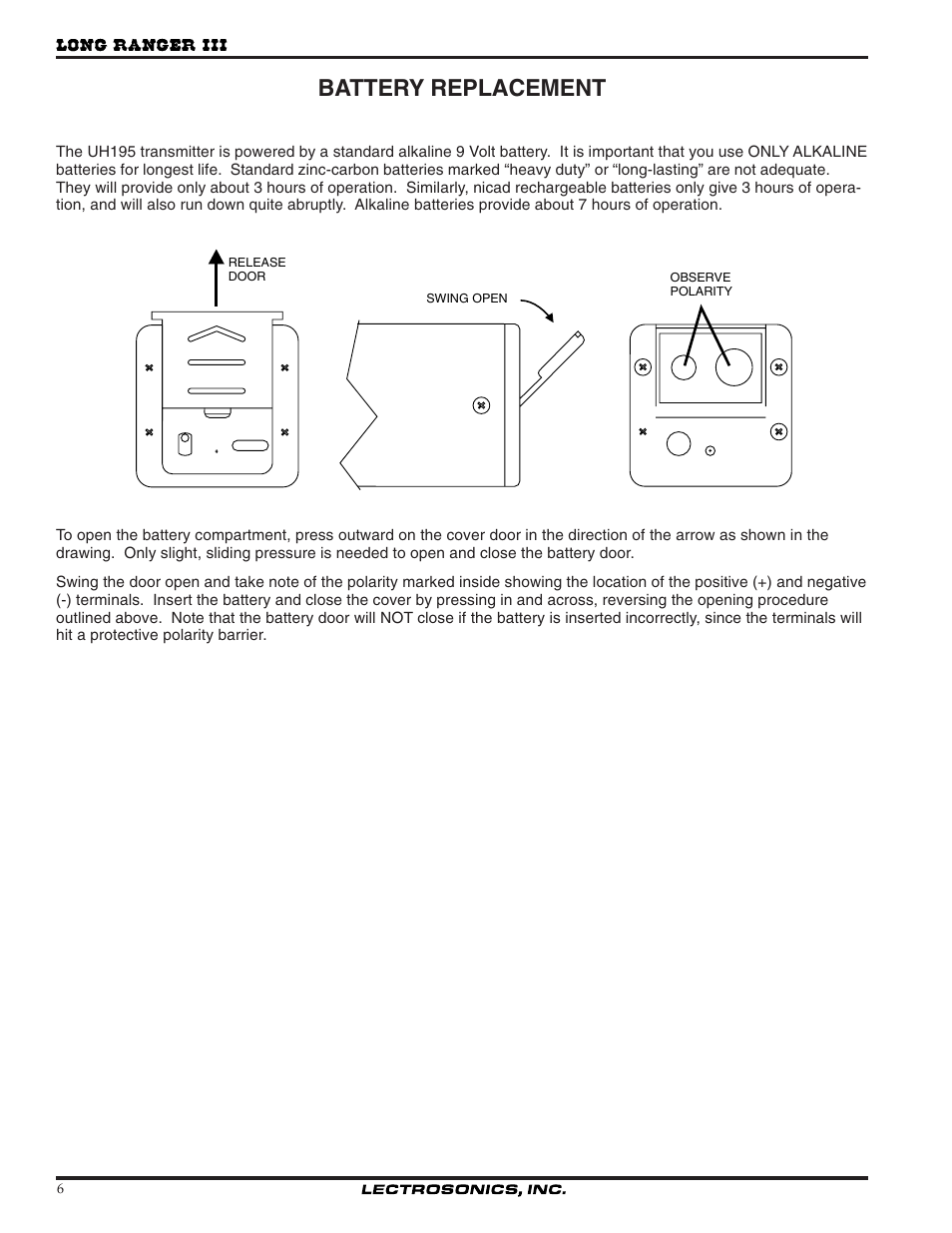 Battery replacement | Lectrosonics UH195 User Manual | Page 6 / 10