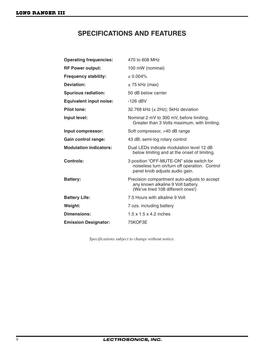 Specifications and features | Lectrosonics UH195 User Manual | Page 8 / 10