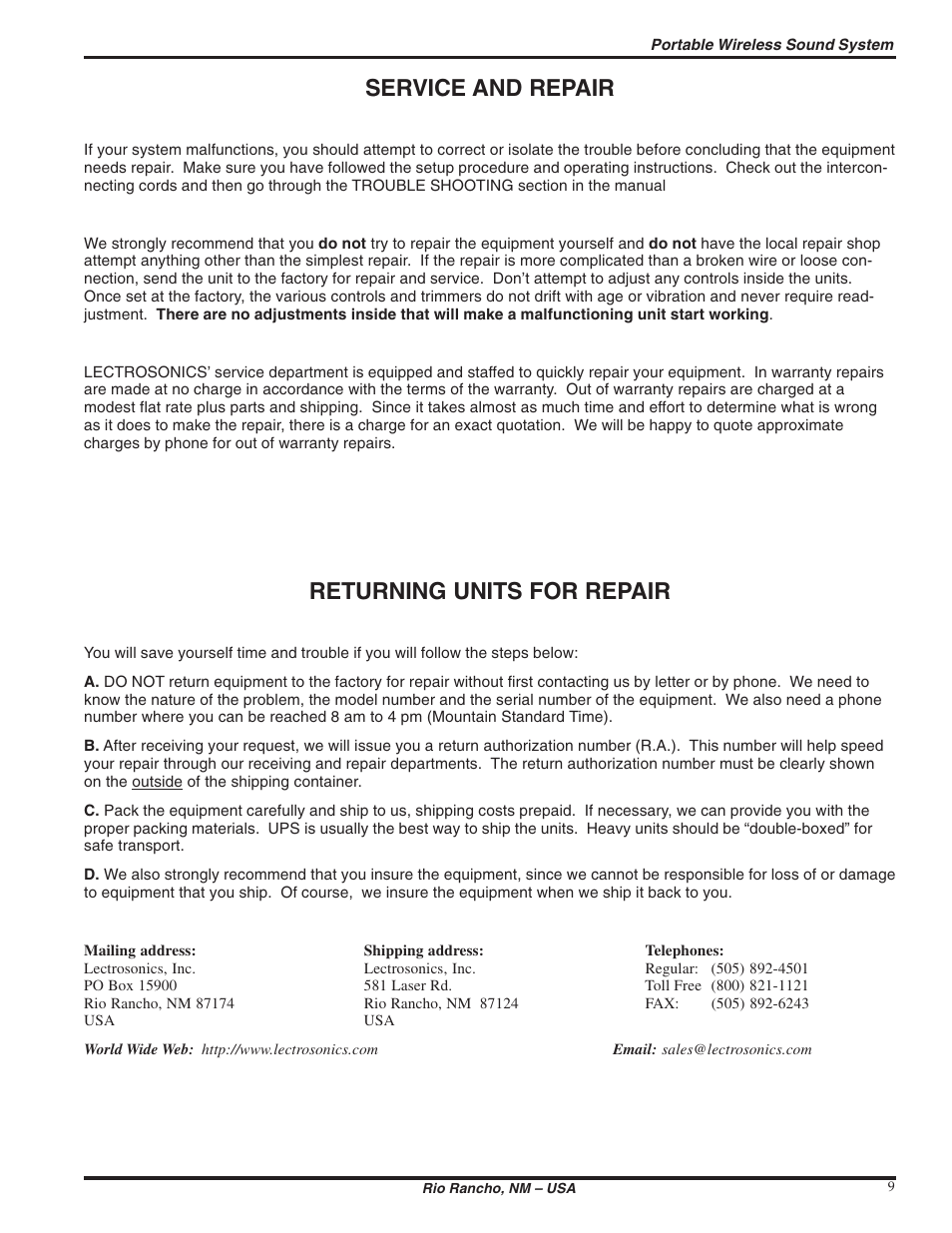 Service and repair, Returning units for repair | Lectrosonics UH195 User Manual | Page 9 / 10
